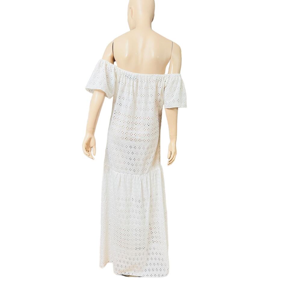 Natural Rough Cotton Off-white Eyelet Maxi Dress Size Fit L Slit on Both Sides - Picture 3 of 15